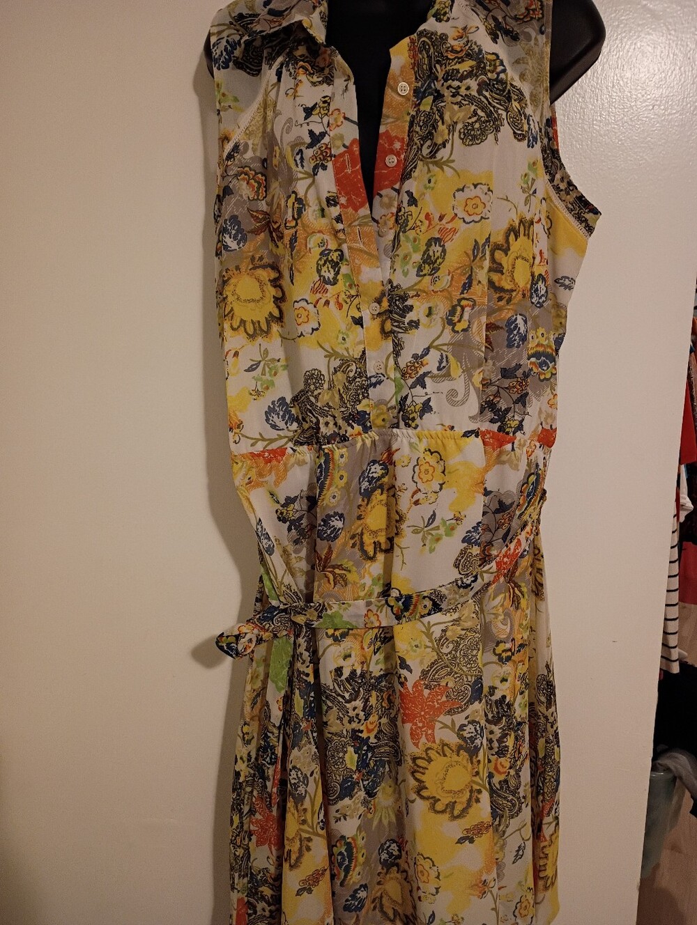 Sleeveless Floral Midi Dress with Self-Tie Waist in Yellow and White